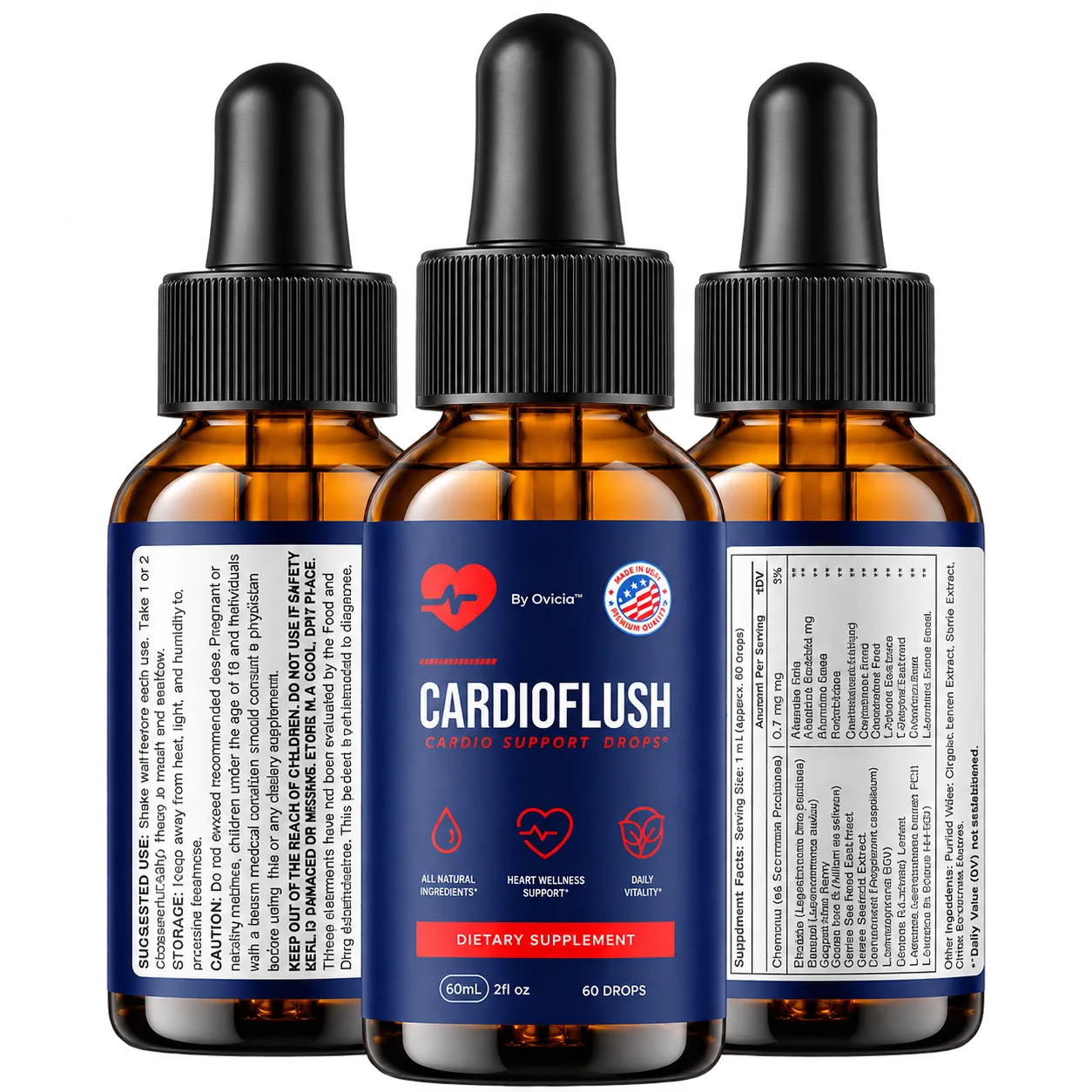 CardioFlush drops — front, back and side of the bottle showing the full label