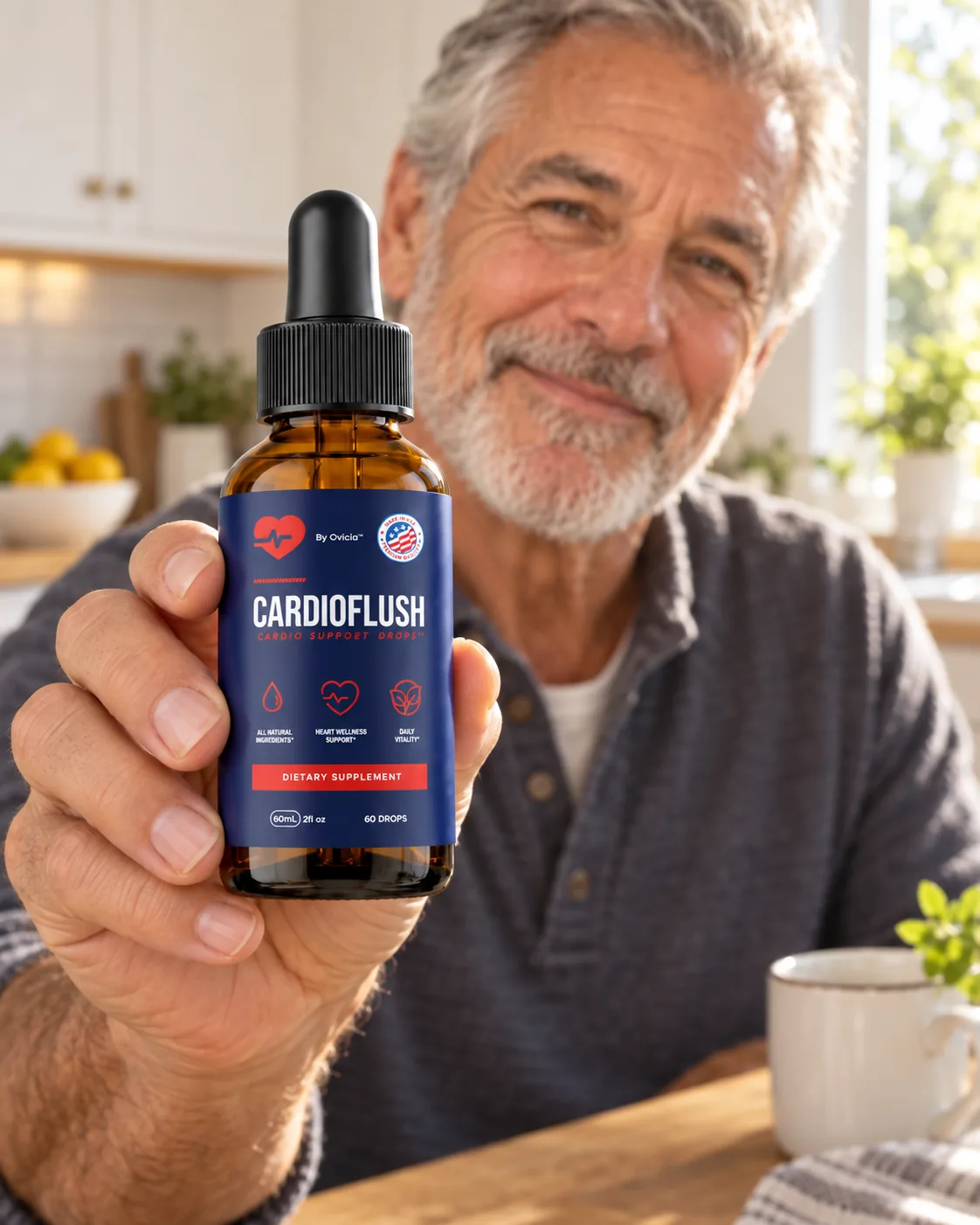 Man in his kitchen holding a bottle of CardioFlush as part of his morning routine