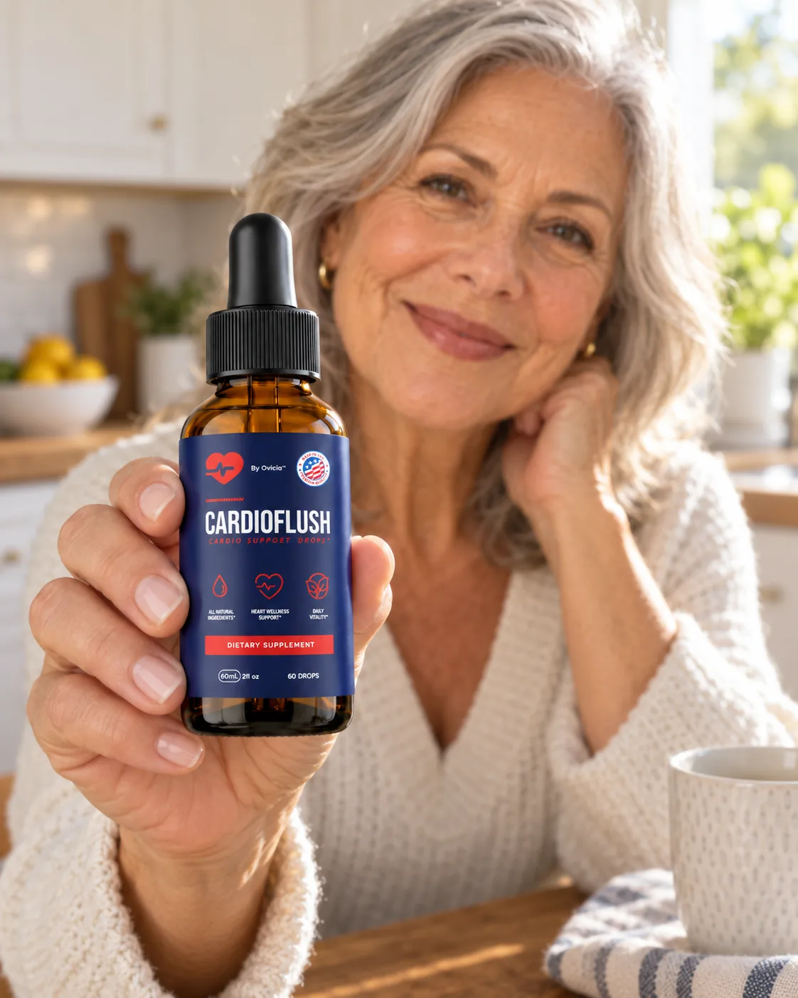 Woman in her kitchen holding a bottle of CardioFlush as part of her daily ritual